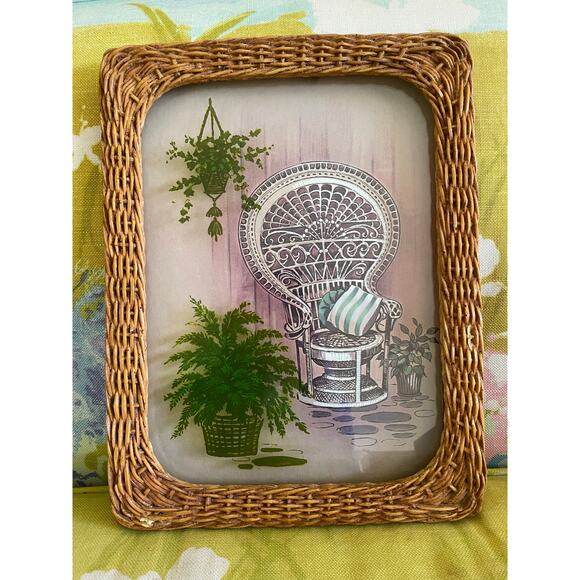 Vintage Faux Rattan Framed Picture Wall Hanging Peacock Wicker Chair Ferns 10x13 - Picture 1 of 9